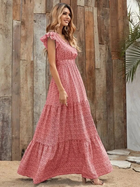 printed-v-neck-ruffled-cap-sleeve-maxi-dress OhSoStyled - Sophia's Style in Gray-8